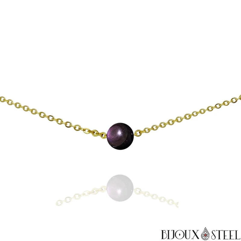 Collier à perle d'obsidienne oeil céleste en acier inoxydable