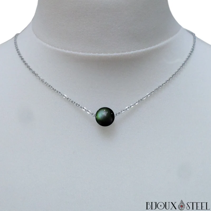 Collier à perle d'obsidienne oeil céleste en acier inoxydable