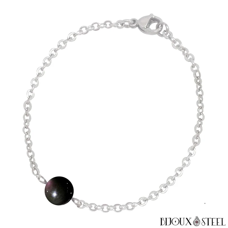 Bracelet à perle d'obsidienne oeil céleste en acier inoxydable