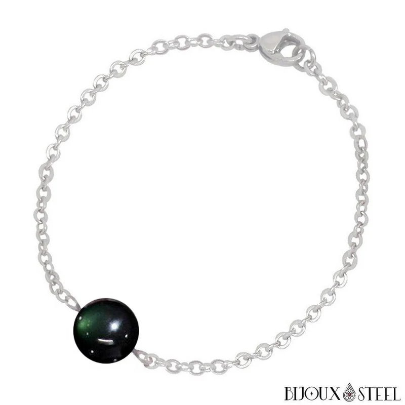 Bracelet à perle d'obsidienne oeil céleste en acier inoxydable