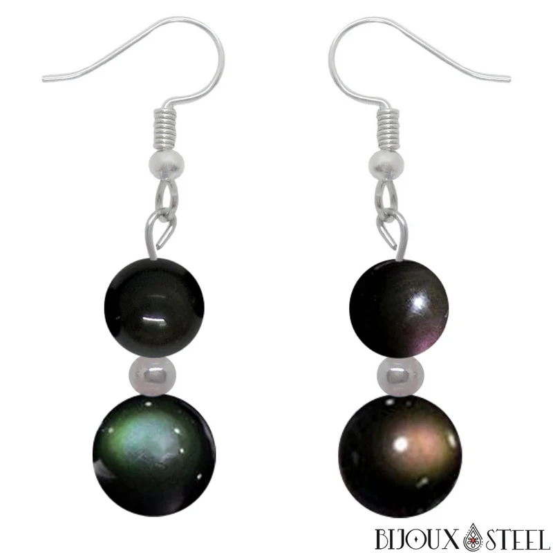 Boucles d'oreilles pendantes doubles perles d'obsidienne oeil céleste