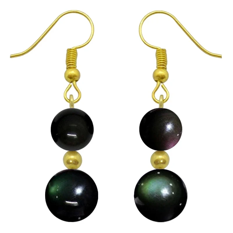 Boucles d'oreilles pendantes doubles perles d'obsidienne oeil céleste