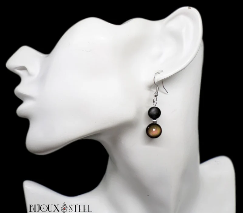 Boucles d'oreilles pendantes doubles perles d'obsidienne oeil céleste