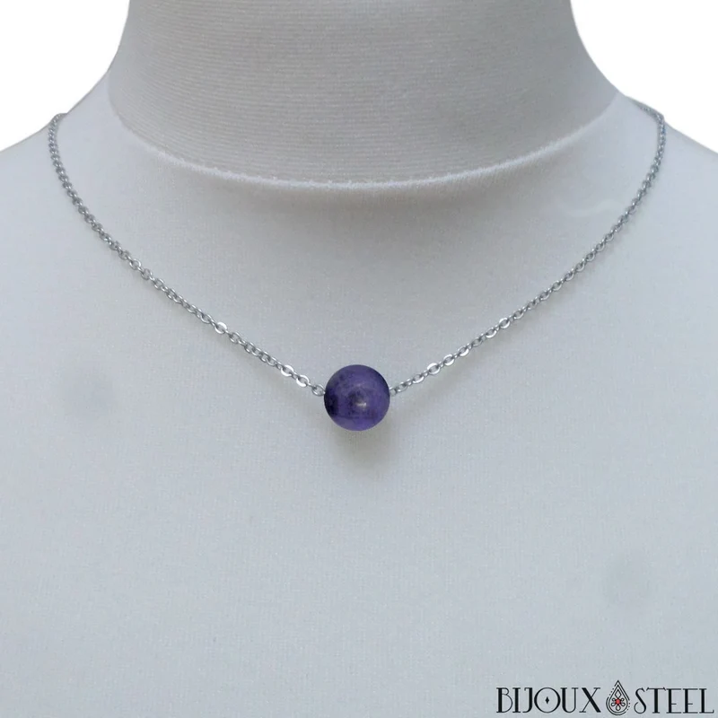 Collier à perle de dumortiérite en acier inoxydable