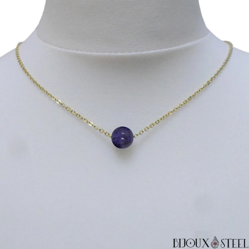 Collier à perle de dumortiérite en acier inoxydable