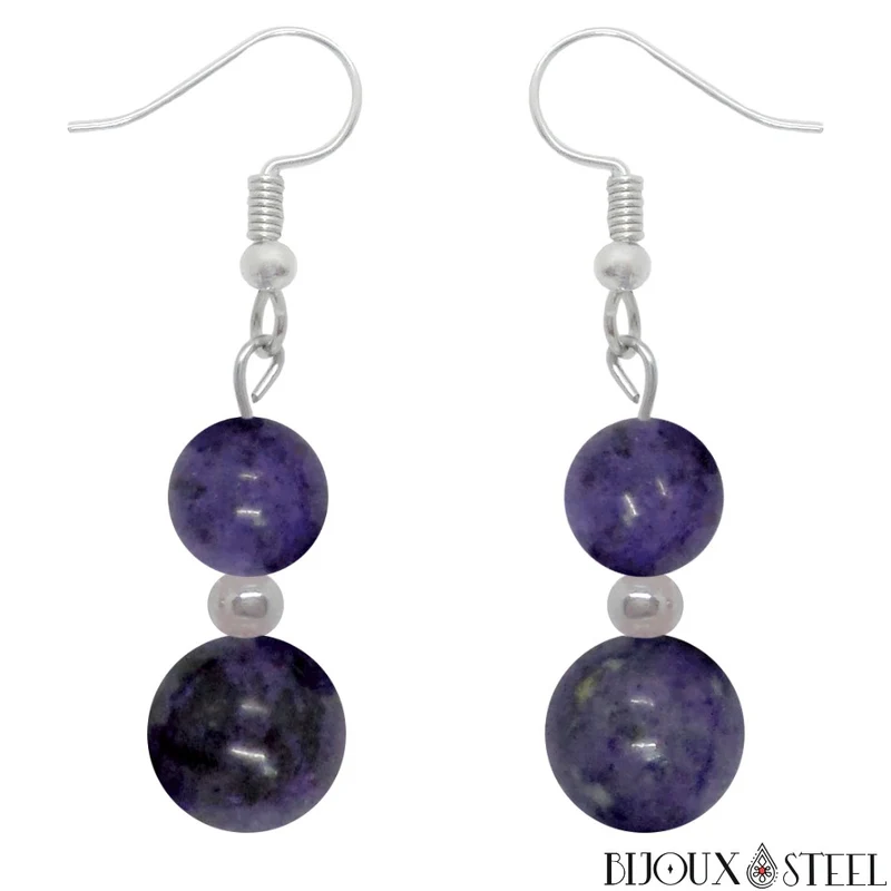 Boucles d'oreilles pendantes doubles perles de dumortiérite
