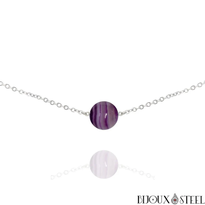 Collier à perle d'agate violette en acier inoxydable
