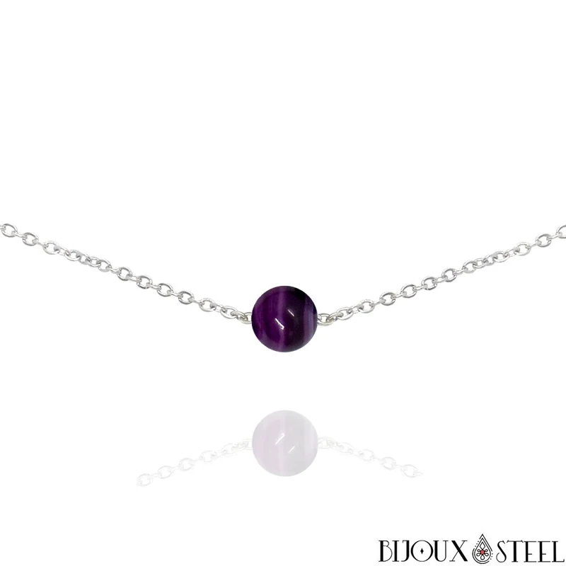 Collier à perle d'agate violette en acier inoxydable