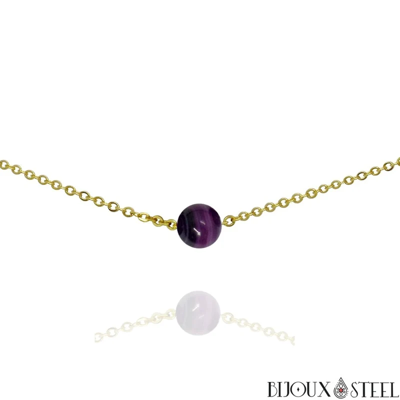 Collier à perle d'agate violette en acier inoxydable