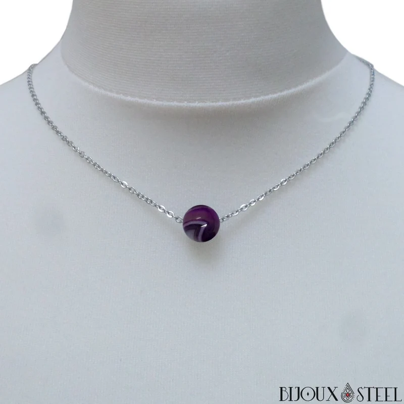 Collier à perle d'agate violette en acier inoxydable