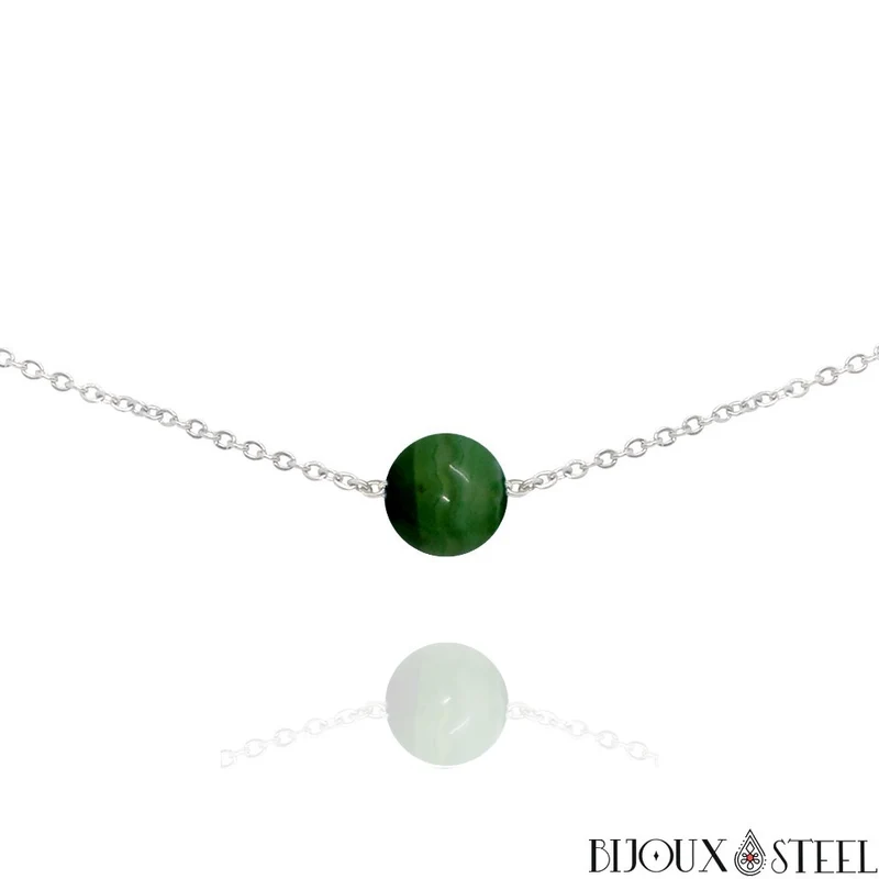 Collier à perle d'agate verte en acier inoxydable