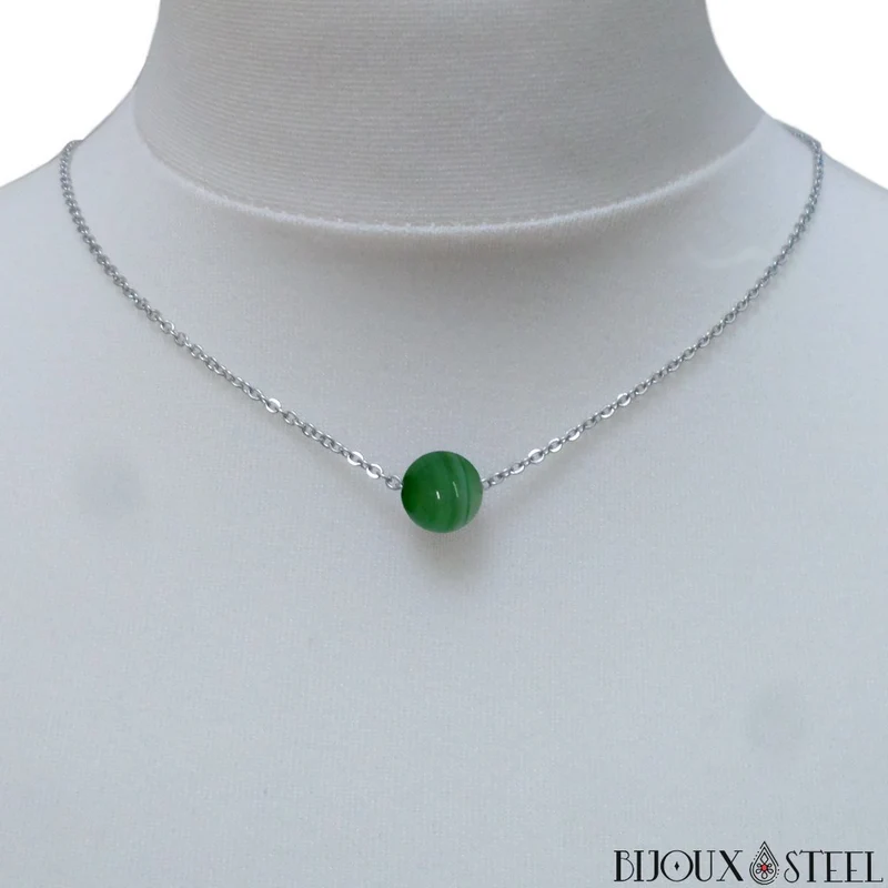Collier à perle d'agate verte en acier inoxydable