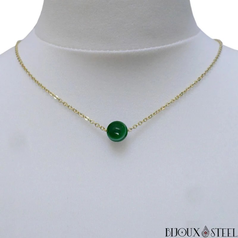 Collier à perle d'agate verte en acier inoxydable