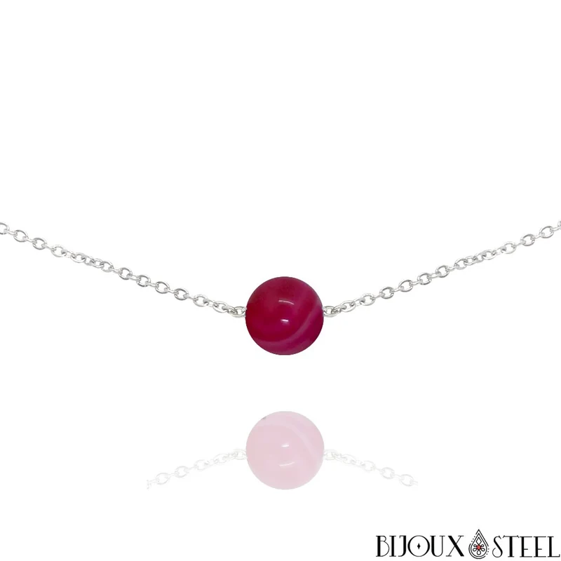 Collier à perle d'agate magenta en acier inoxydable