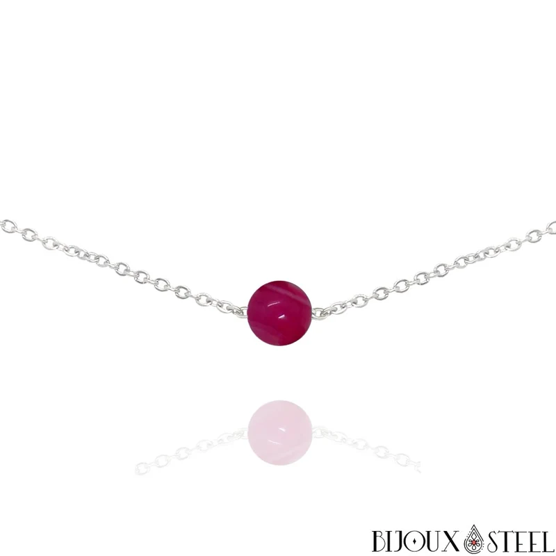 Collier à perle d'agate magenta en acier inoxydable