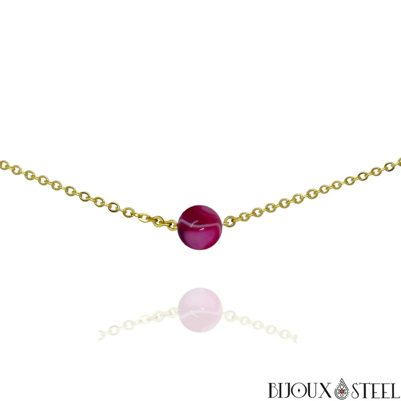 Collier à perle d'agate magenta en acier inoxydable