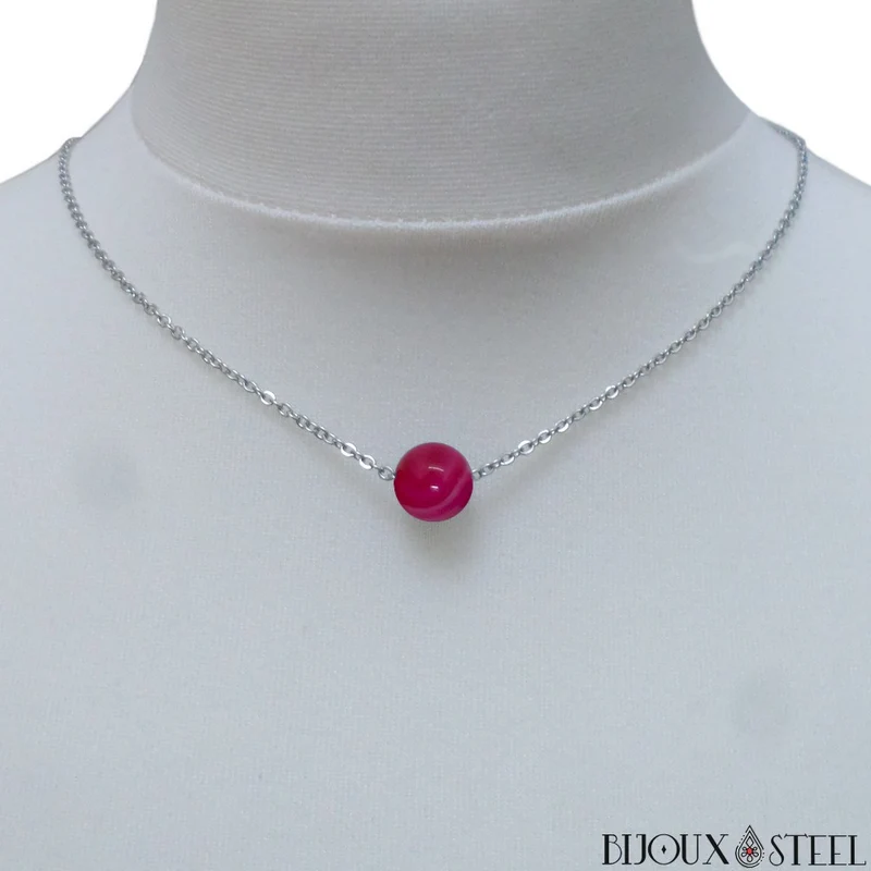 Collier à perle d'agate magenta en acier inoxydable