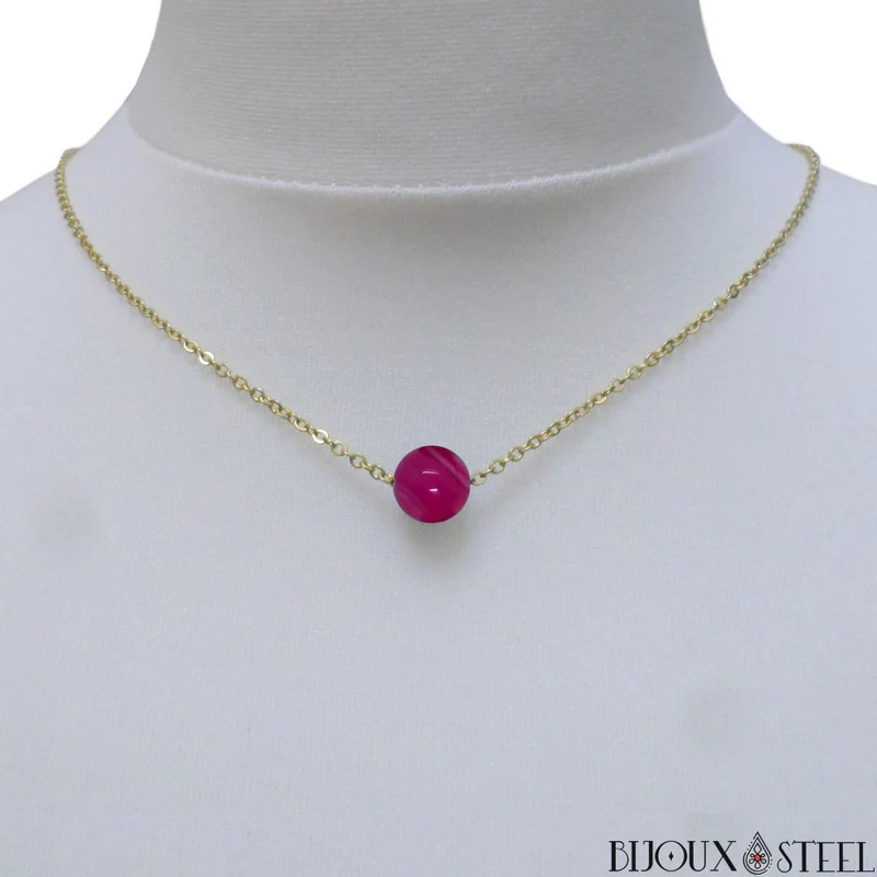Collier à perle d'agate magenta en acier inoxydable