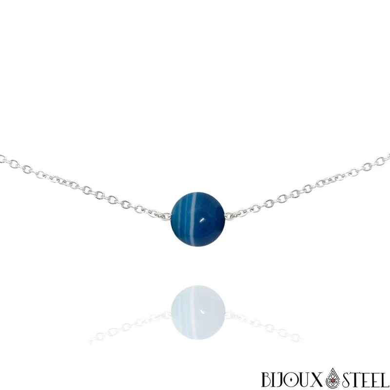 Collier à perle d'agate bleue en acier inoxydable