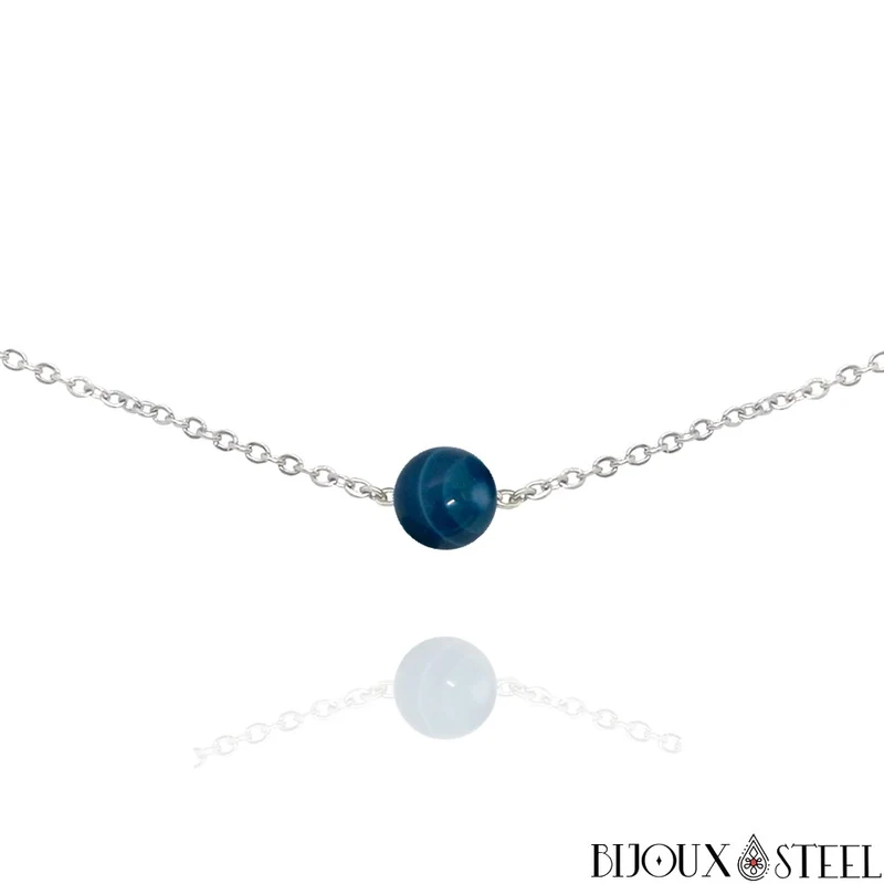 Collier à perle d'agate bleue en acier inoxydable