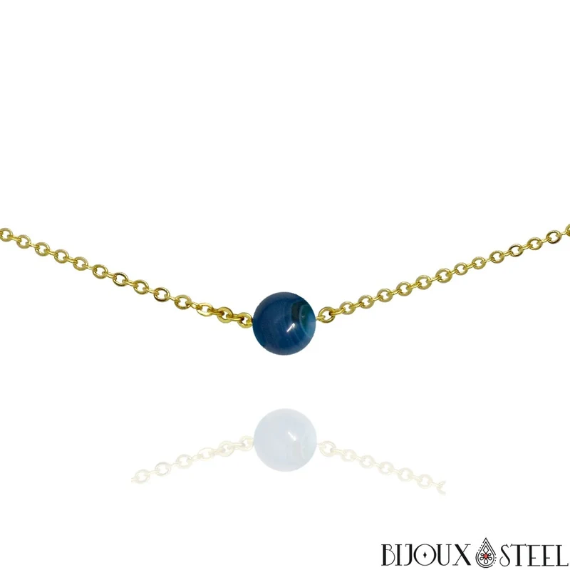 Collier à perle d'agate bleue en acier inoxydable