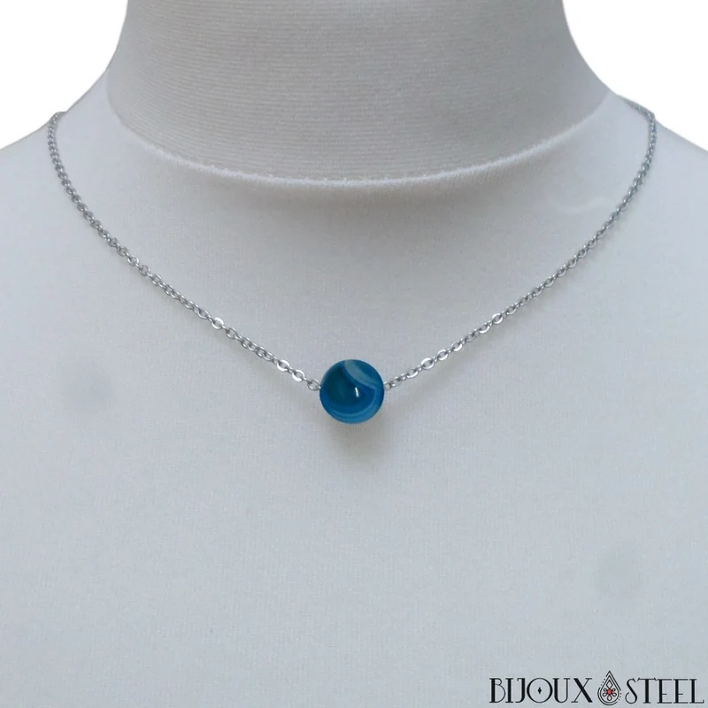 Collier à perle d'agate bleue en acier inoxydable