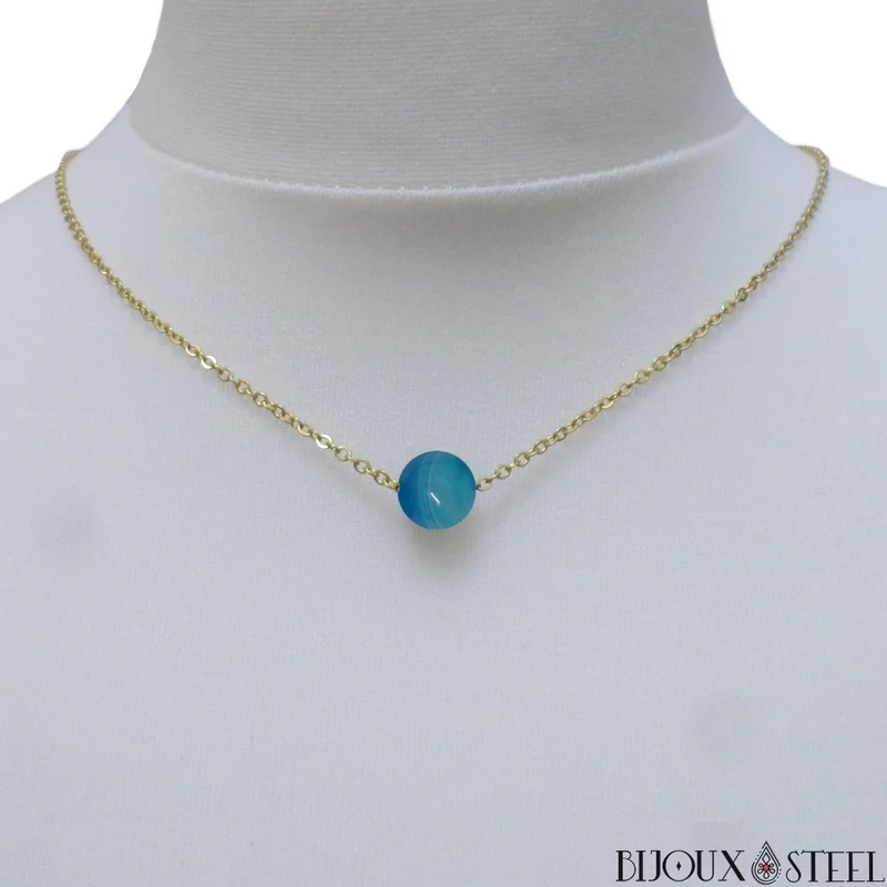Collier à perle d'agate bleue en acier inoxydable