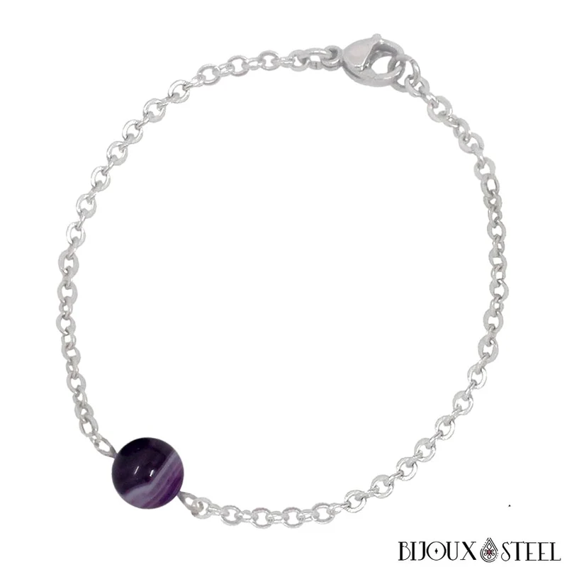 Bracelet à perle d'agate violette en acier inoxydable