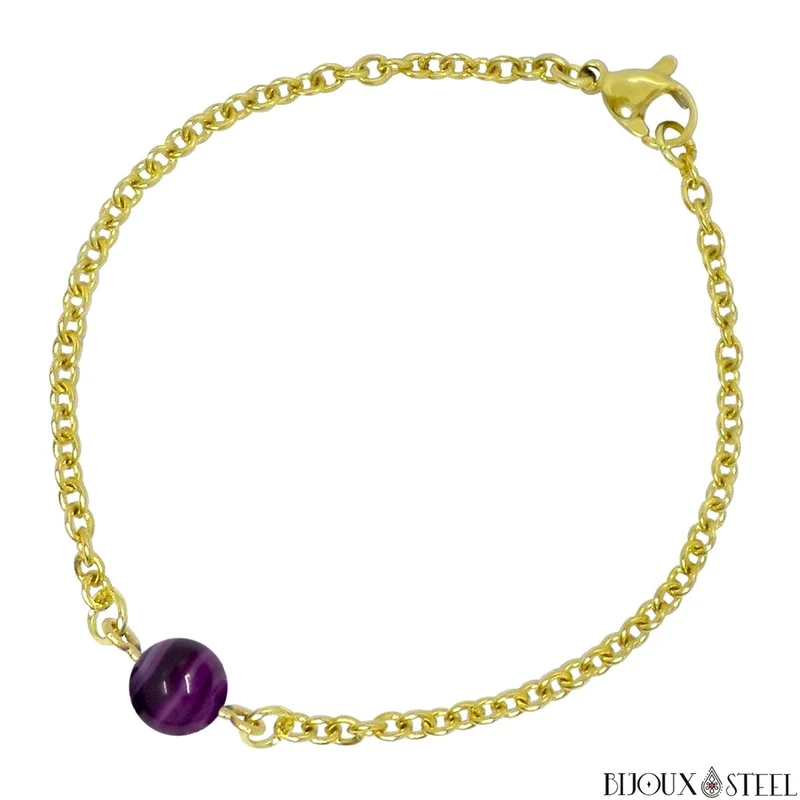 Bracelet à perle d'agate violette en acier inoxydable