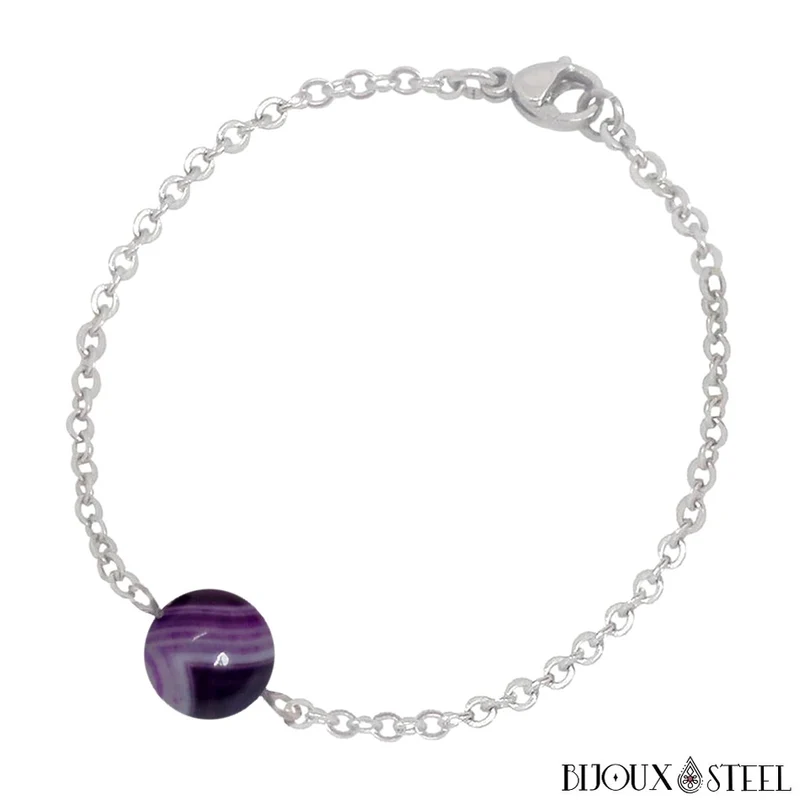 Bracelet à perle d'agate violette en acier inoxydable