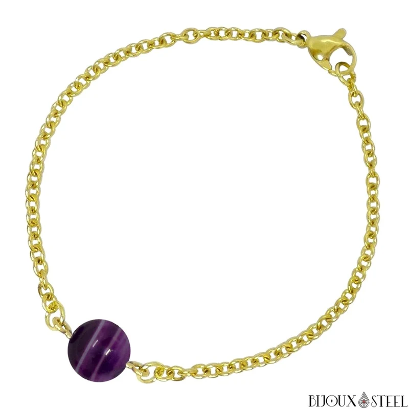 Bracelet à perle d'agate violette en acier inoxydable