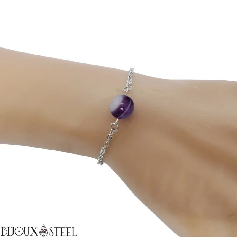Bracelet à perle d'agate violette en acier inoxydable