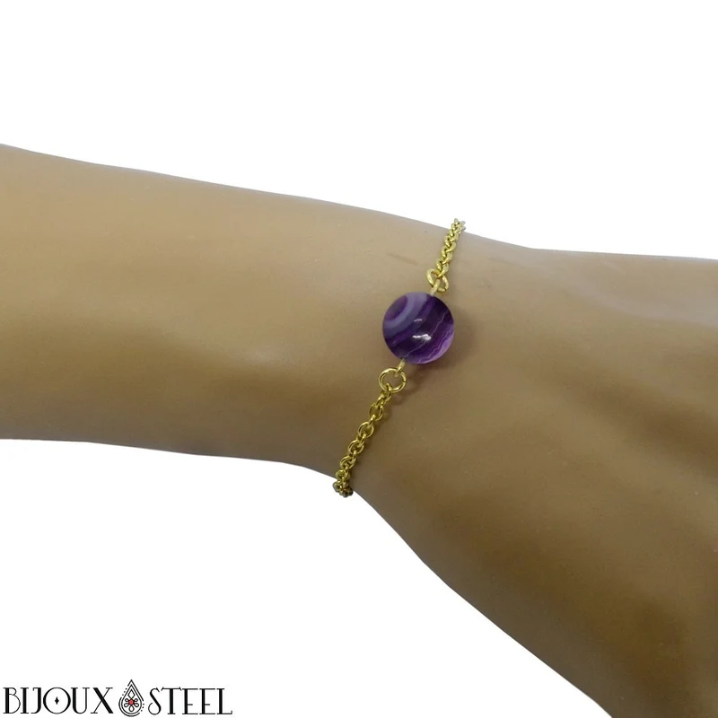 Bracelet à perle d'agate violette en acier inoxydable
