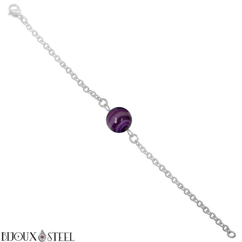 Bracelet à perle d'agate violette en acier inoxydable