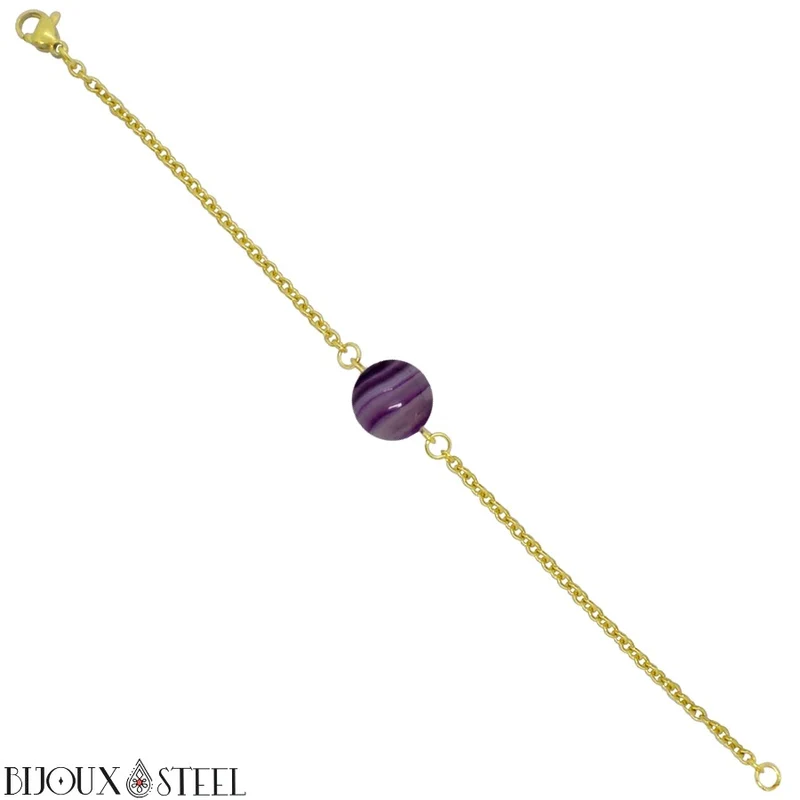 Bracelet à perle d'agate violette en acier inoxydable