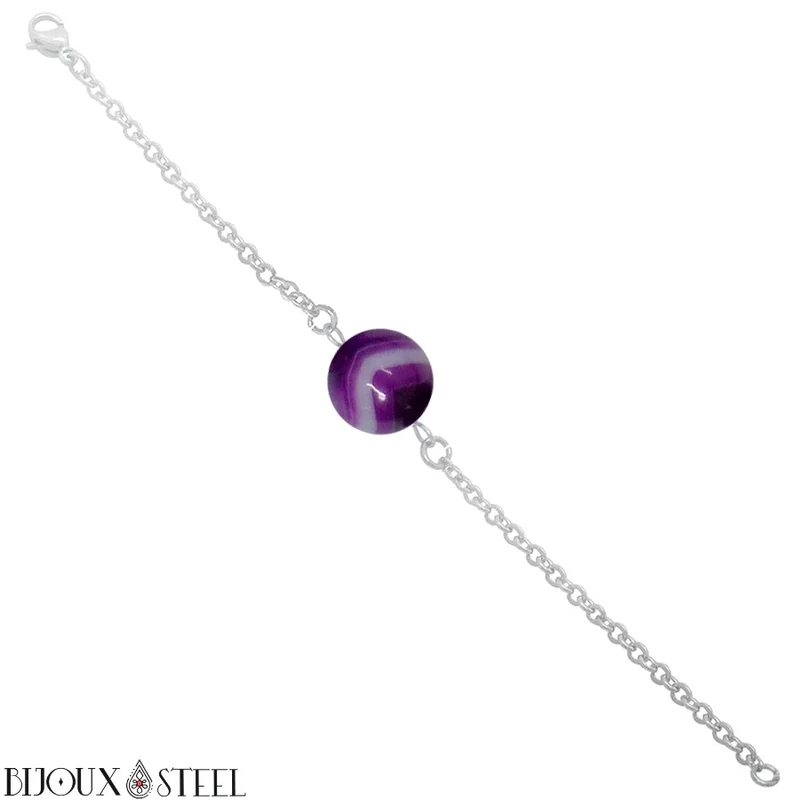 Bracelet à perle d'agate violette en acier inoxydable