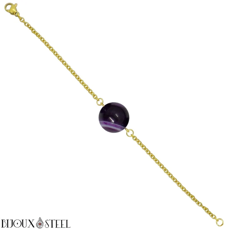 Bracelet à perle d'agate violette en acier inoxydable