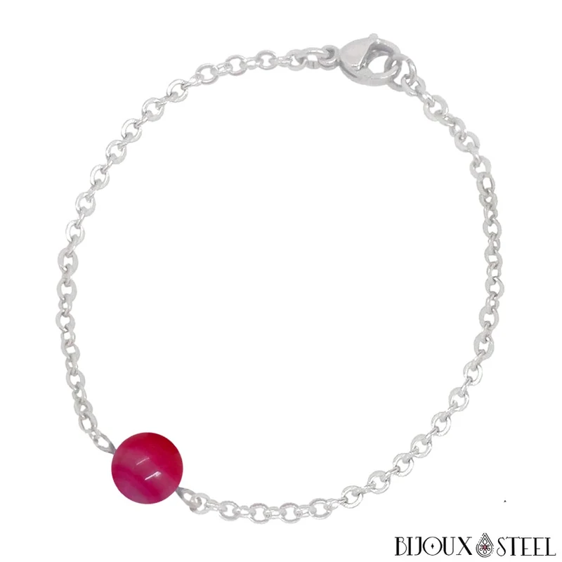 Bracelet à perle d'agate magenta en acier inoxydable