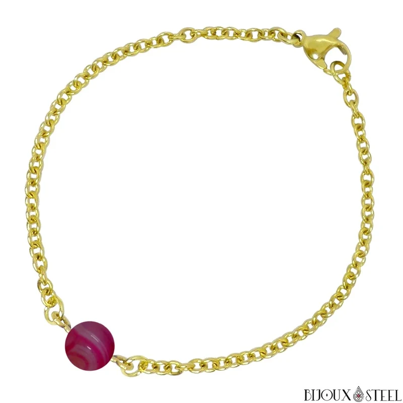 Bracelet à perle d'agate magenta en acier inoxydable