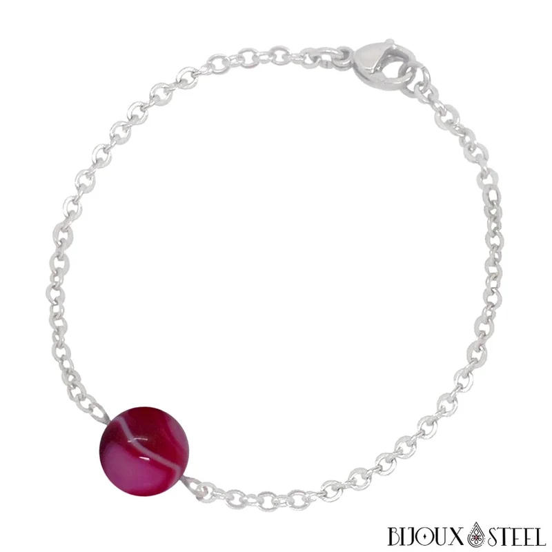 Bracelet à perle d'agate magenta en acier inoxydable