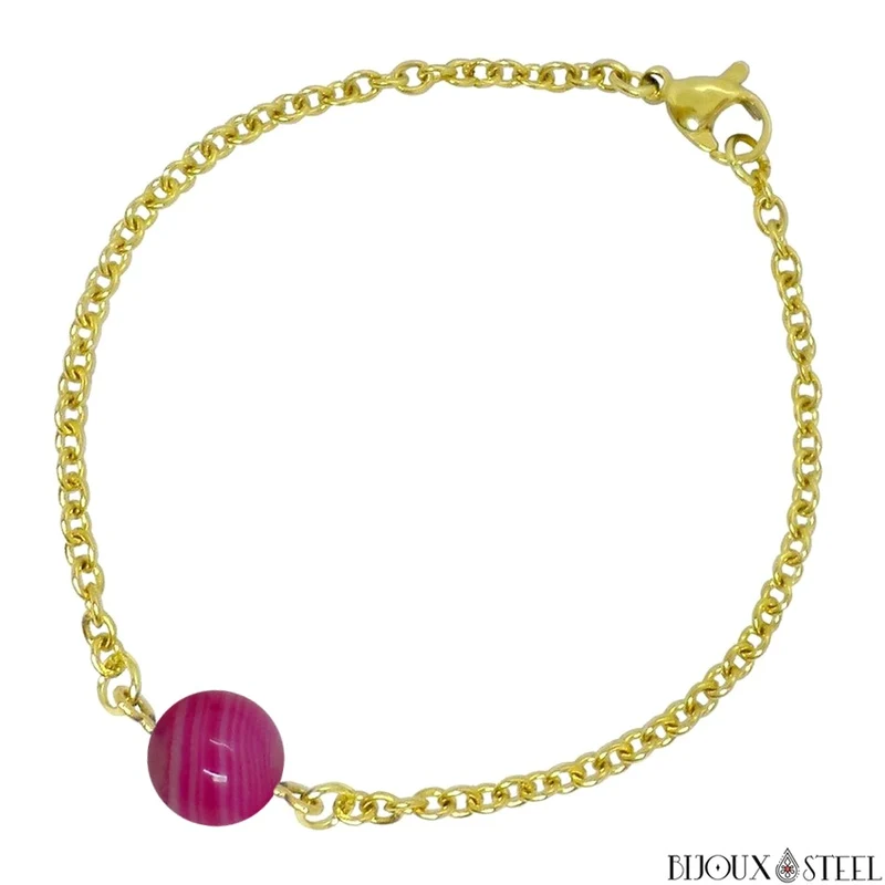 Bracelet à perle d'agate magenta en acier inoxydable