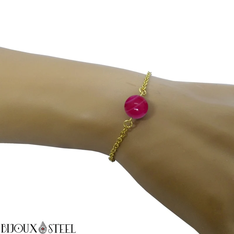 Bracelet à perle d'agate magenta en acier inoxydable