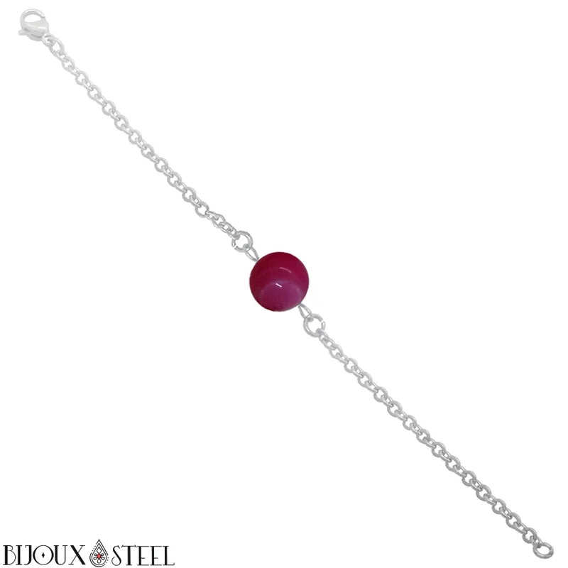 Bracelet à perle d'agate magenta en acier inoxydable