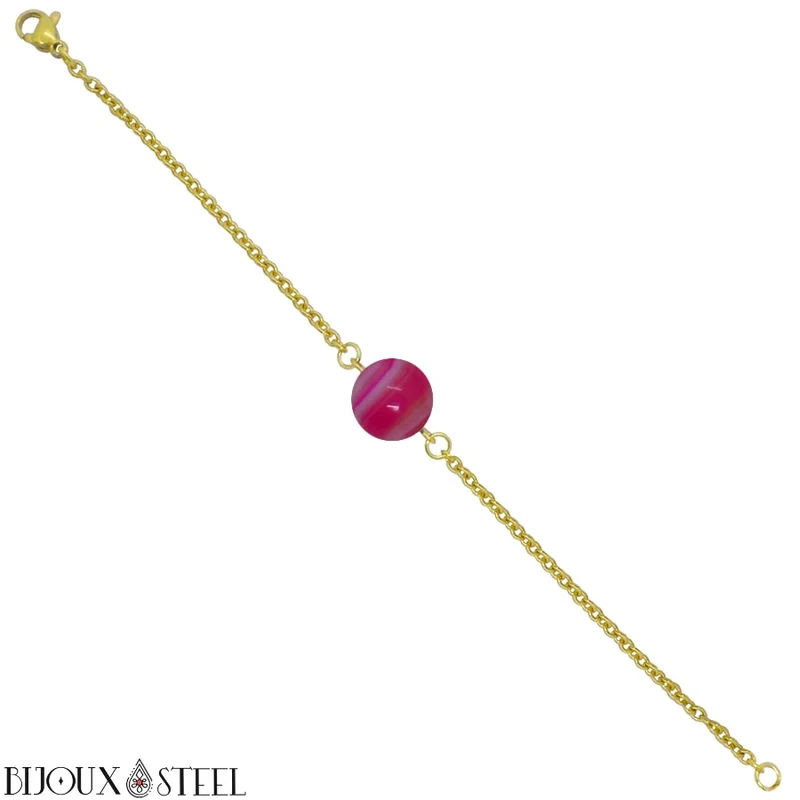 Bracelet à perle d'agate magenta en acier inoxydable