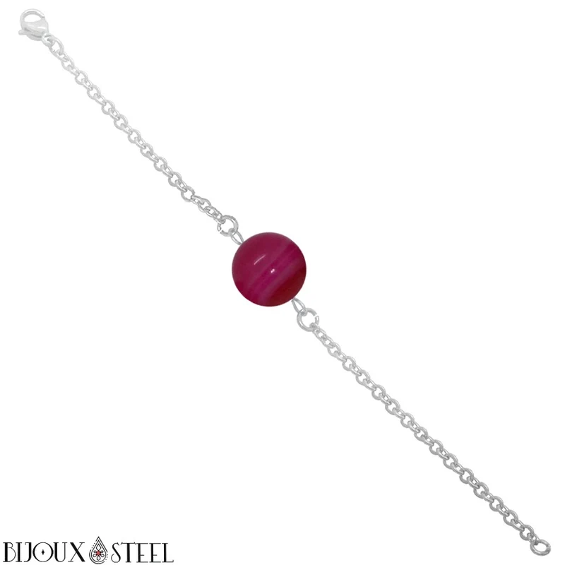 Bracelet à perle d'agate magenta en acier inoxydable