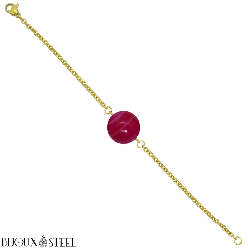 Bracelet à perle d'agate magenta en acier inoxydable