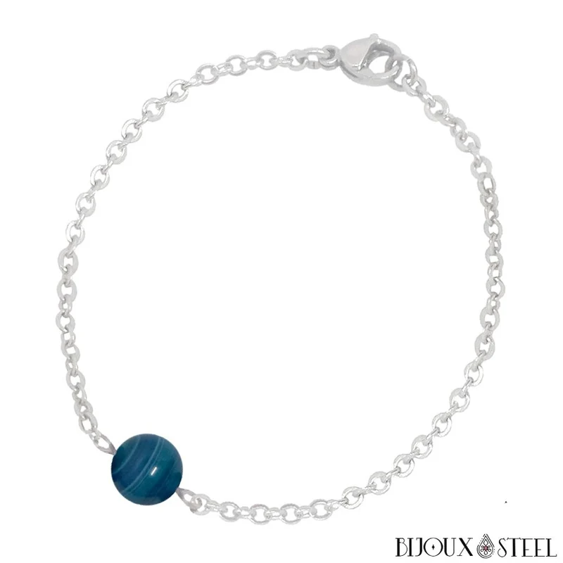 Bracelet à perle d'agate bleue en acier inoxydable