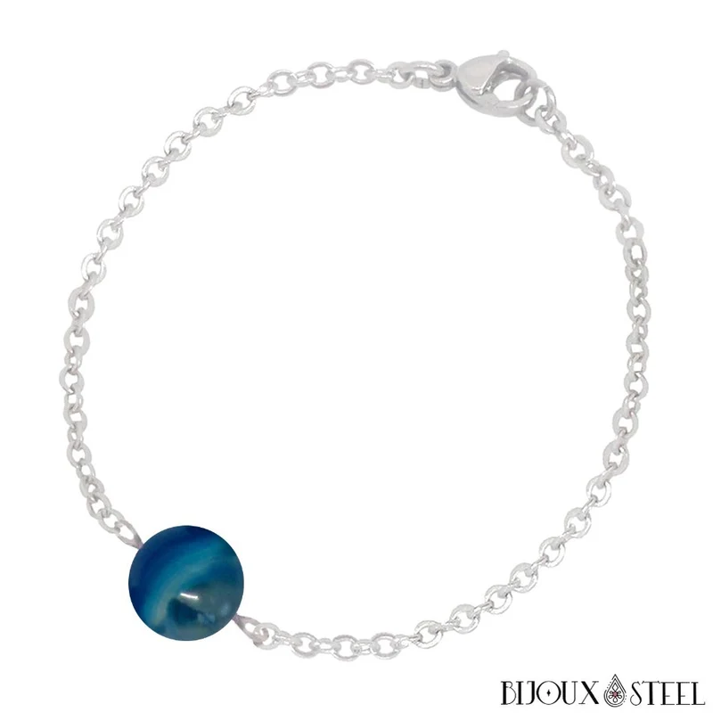 Bracelet à perle d'agate bleue en acier inoxydable