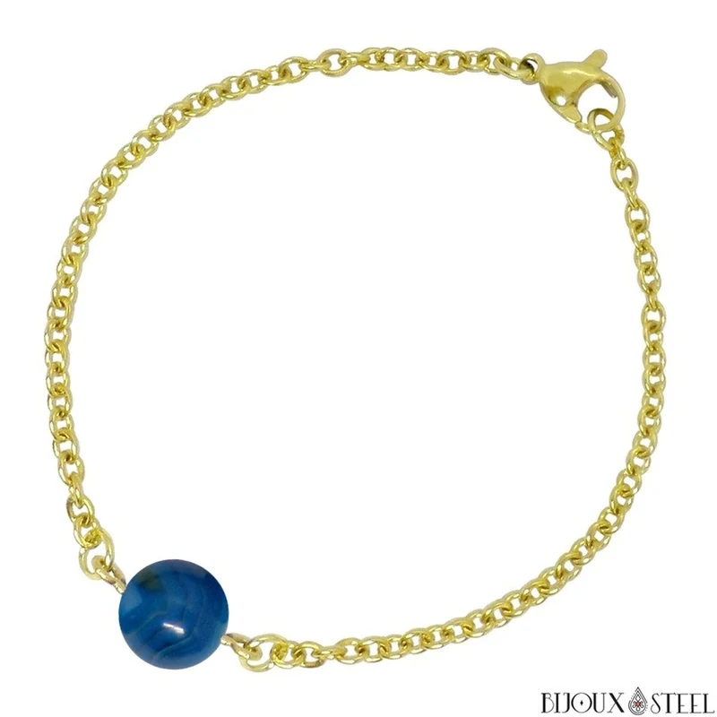 Bracelet à perle d'agate bleue en acier inoxydable