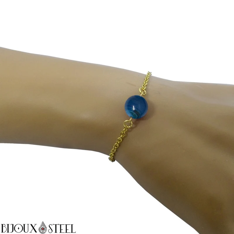 Bracelet à perle d'agate bleue en acier inoxydable